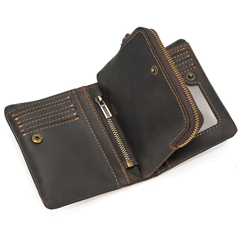 Ανδρικό πορτοφόλι από γνήσιο δέρμα με κοντό σχέδιο και φερμουάρ για κέρματα, μονόχρωμο και υπερ-ελαφρύ, αστικός μινιμαλισμός; Επένδυση: νάιλον; Δέρμα πρώτης στρώσης βοδινού