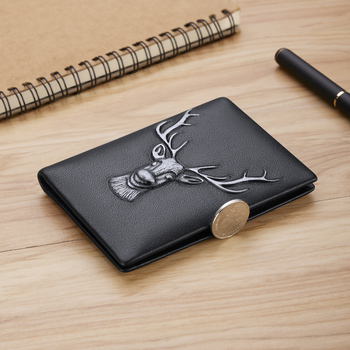 Мъжки държач за карти от естествена кожа – ултра лек, горен слой телешка кожа, модел с глава на елен, множество слотове за карти, Emperor Paul