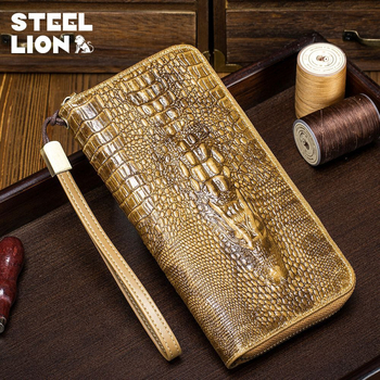 Δερμάτινο μακρύ πορτοφόλι με τύπωμα κροκοδειλίου, θήκη-κλάτς με φερμουάρ, διπλής πτυχής σχεδίαση, πολλαπλές θήκες καρτών, αντι-κλοπή, επένδυση πολυεστερ