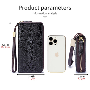 Δερμάτινο μακρύ πορτοφόλι με τύπωμα κροκοδειλίου, θήκη-κλάτς με φερμουάρ, διπλής πτυχής σχεδίαση, πολλαπλές θήκες καρτών, αντι-κλοπή, επένδυση πολυεστερ