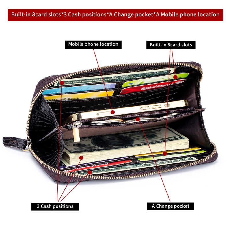 Δερμάτινο μακρύ πορτοφόλι με τύπωμα κροκοδειλίου, θήκη-κλάτς με φερμουάρ, διπλής πτυχής σχεδίαση, πολλαπλές θήκες καρτών, αντι-κλοπή, επένδυση πολυεστερ