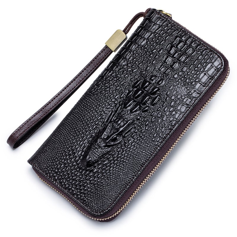 Δερμάτινο μακρύ πορτοφόλι με τύπωμα κροκοδειλίου, θήκη-κλάτς με φερμουάρ, διπλής πτυχής σχεδίαση, πολλαπλές θήκες καρτών, αντι-κλοπή, επένδυση πολυεστερ