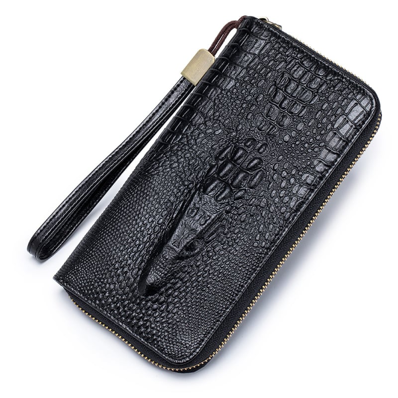Δερμάτινο μακρύ πορτοφόλι με τύπωμα κροκοδειλίου, θήκη-κλάτς με φερμουάρ, διπλής πτυχής σχεδίαση, πολλαπλές θήκες καρτών, αντι-κλοπή, επένδυση πολυεστερ