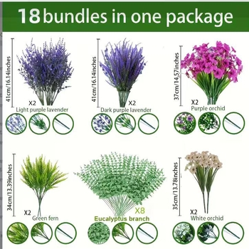 18 dalių dirbtinių žaliųjų augalų rinkinys sieninei dekoracijai – plastmasė ir šilko gėlės, įpurškimo formavimas, įvairovė: eukaliptas ir kitos, vestuvėms ir lauko naudojimui