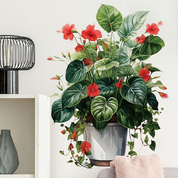 PVC sieninis lipdukas su augalų ir gėlių motyvais, atsparus vandeniui, aliejui ir nešvarumoms; tinkamas svetainei, miegamajam ir studijai