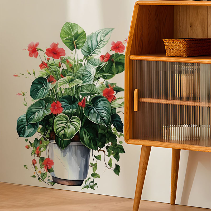 PVC sieninis lipdukas su augalų ir gėlių motyvais, atsparus vandeniui, aliejui ir nešvarumoms; tinkamas svetainei, miegamajam ir studijai