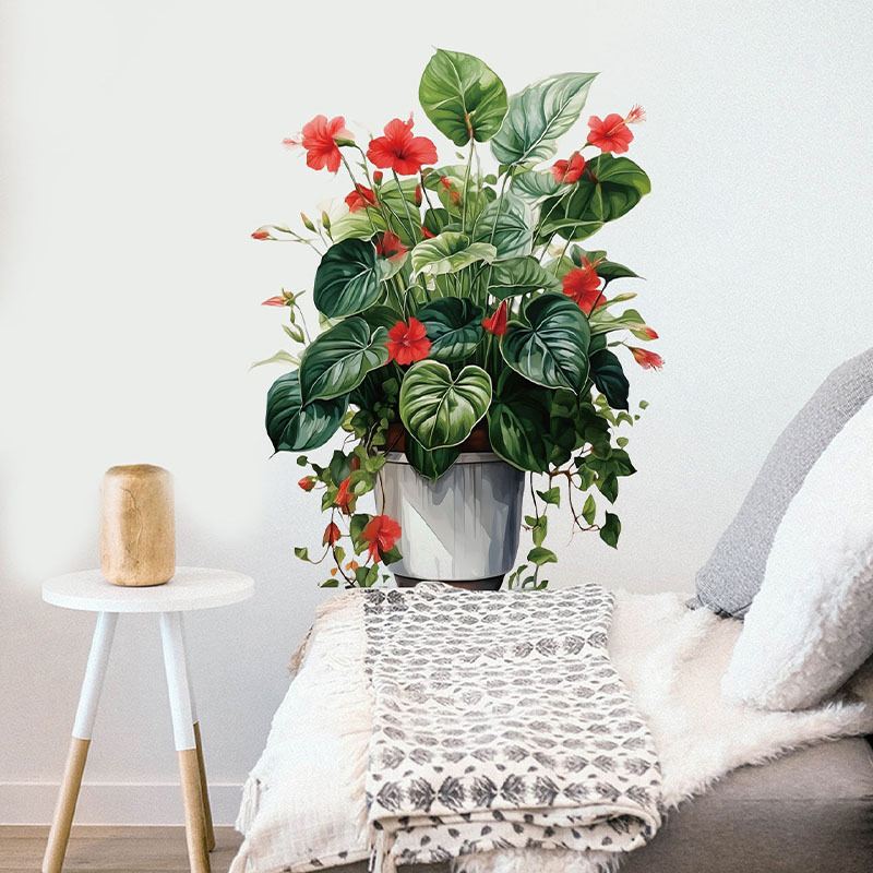 PVC sieninis lipdukas su augalų ir gėlių motyvais, atsparus vandeniui, aliejui ir nešvarumoms; tinkamas svetainei, miegamajam ir studijai