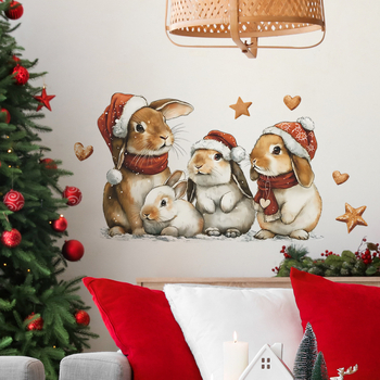 Kalėdinis mielas kiškiukas su žvaigždute – PVC plokščias dekoratyvinis sieninis lipdukas, 1 vnt., tinkamas svetainei, studijai, įėjimui ir komercinėms patalpoms, šiuolaikiškas minimalistinis stilius