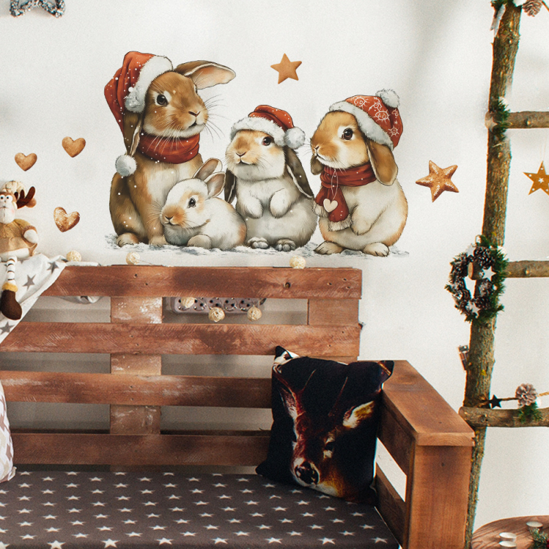 Kalėdinis mielas kiškiukas su žvaigždute – PVC plokščias dekoratyvinis sieninis lipdukas, 1 vnt., tinkamas svetainei, studijai, įėjimui ir komercinėms patalpoms, šiuolaikiškas minimalistinis stilius