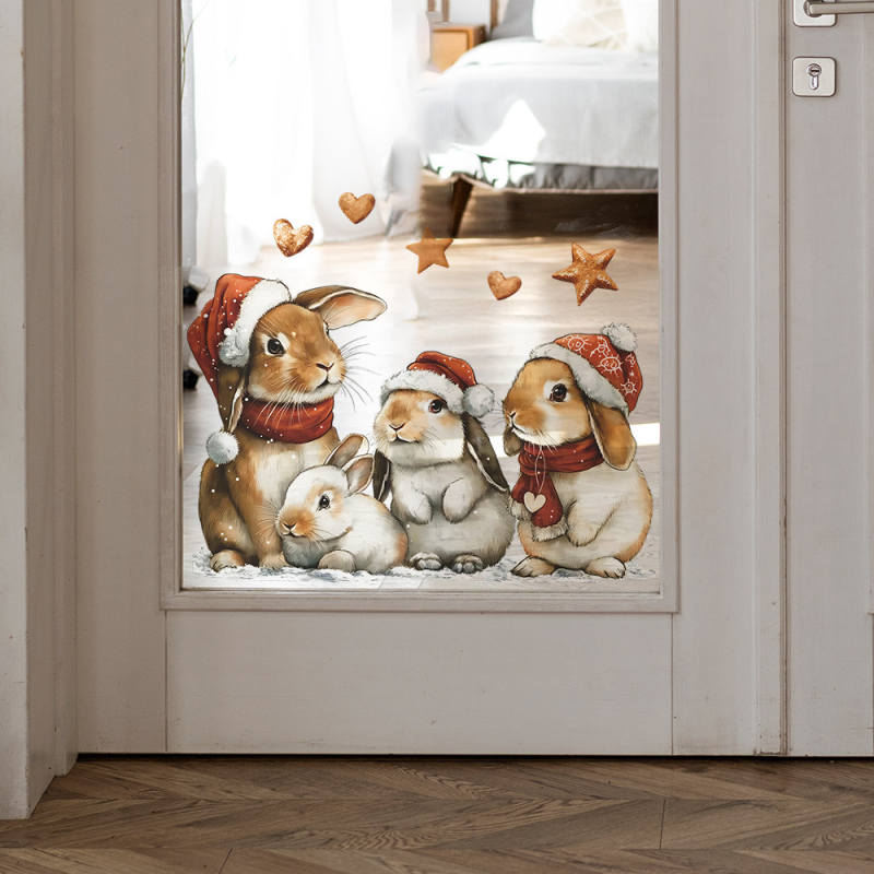 Kalėdinis mielas kiškiukas su žvaigždute – PVC plokščias dekoratyvinis sieninis lipdukas, 1 vnt., tinkamas svetainei, studijai, įėjimui ir komercinėms patalpoms, šiuolaikiškas minimalistinis stilius