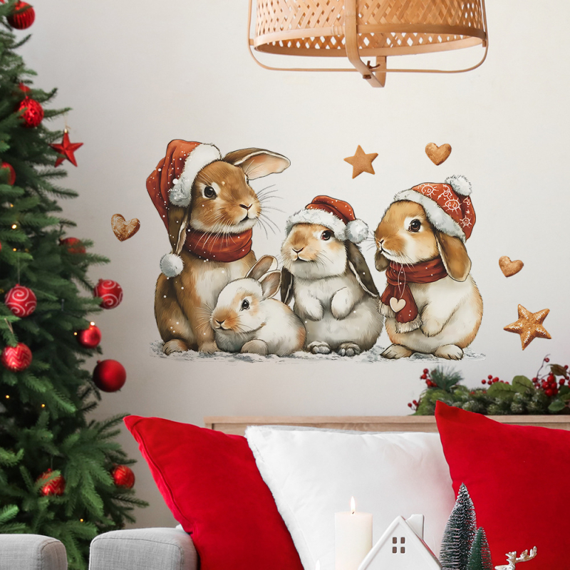 Kalėdinis mielas kiškiukas su žvaigždute – PVC plokščias dekoratyvinis sieninis lipdukas, 1 vnt., tinkamas svetainei, studijai, įėjimui ir komercinėms patalpoms, šiuolaikiškas minimalistinis stilius