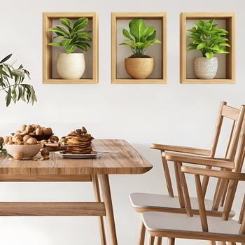 Sienos lipdukas – dirbtinė žalia augalų kompozicija vazonėlyje, 1 vnt., PVC, atsparus vandeniui, svetainei ir miegamajam, modernus paprastas stilius