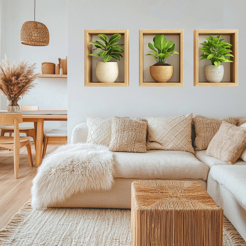 Sienos lipdukas – dirbtinė žalia augalų kompozicija vazonėlyje, 1 vnt., PVC, atsparus vandeniui, svetainei ir miegamajam, modernus paprastas stilius