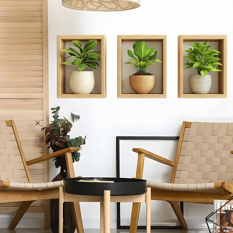 Sienos lipdukas – dirbtinė žalia augalų kompozicija vazonėlyje, 1 vnt., PVC, atsparus vandeniui, svetainei ir miegamajam, modernus paprastas stilius