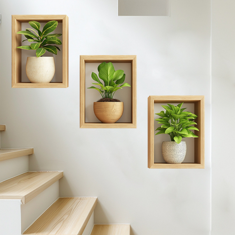 Sienos lipdukas – dirbtinė žalia augalų kompozicija vazonėlyje, 1 vnt., PVC, atsparus vandeniui, svetainei ir miegamajam, modernus paprastas stilius