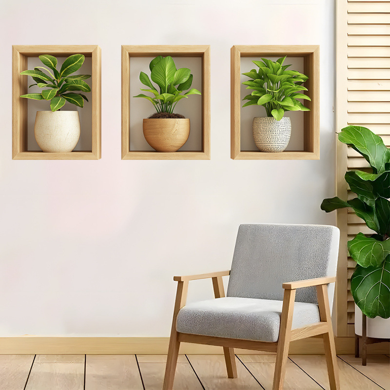 Sienos lipdukas – dirbtinė žalia augalų kompozicija vazonėlyje, 1 vnt., PVC, atsparus vandeniui, svetainei ir miegamajam, modernus paprastas stilius