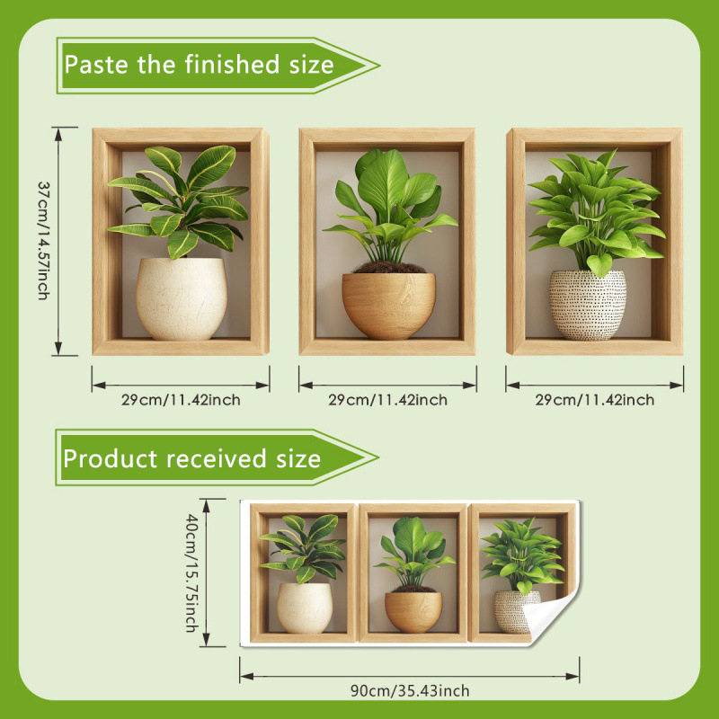 Sienos lipdukas – dirbtinė žalia augalų kompozicija vazonėlyje, 1 vnt., PVC, atsparus vandeniui, svetainei ir miegamajam, modernus paprastas stilius