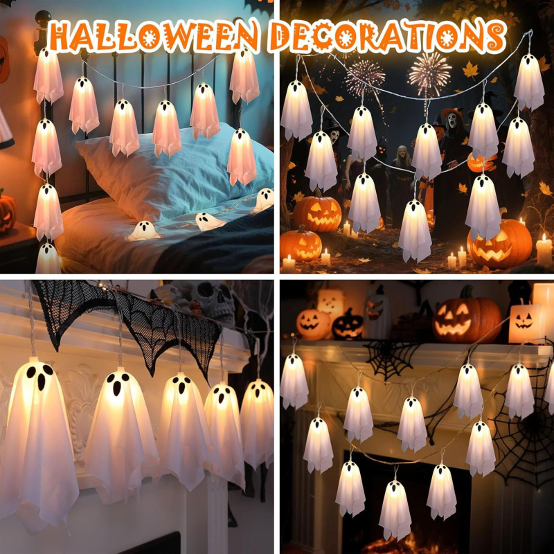 Χάλοουιν κρεμαστή διακόσμηση με φωτιζόμενη μάγισσα και φάντασμα, ύφασμα