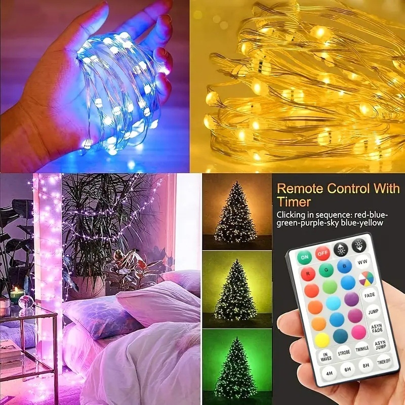 Vario vielos LED šviesų virvė, 100 LED, USB maitinimas, nuotolinio/balso valdymas, IP43, lauko dekoracijoms