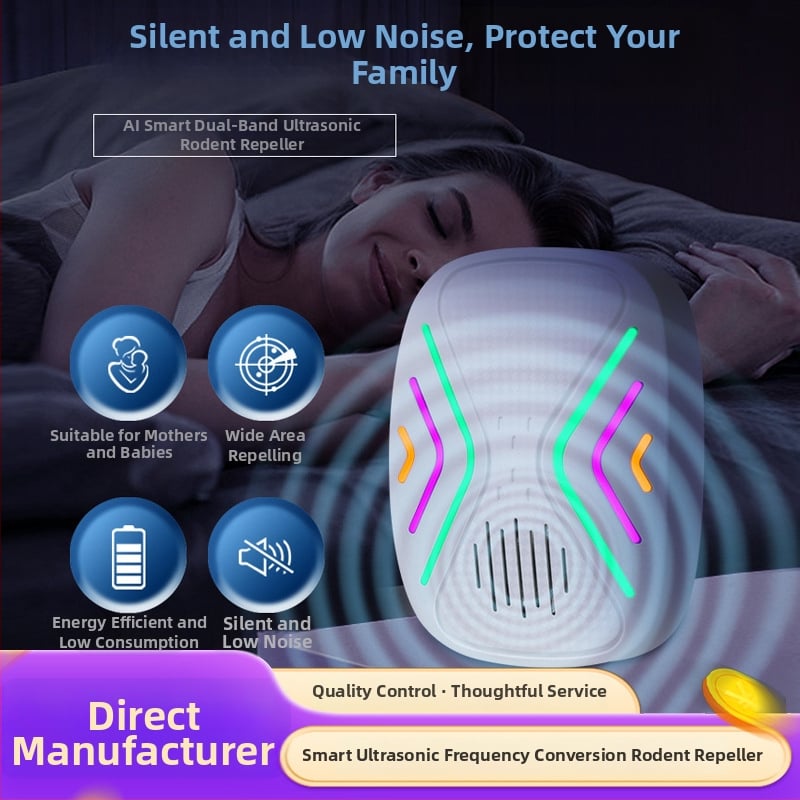 Repelent ultrasonic pentru șoareci și insecte, AI inteligent, frecvență duală 50/60 kHz, design pătrat, model YDW006, 240V