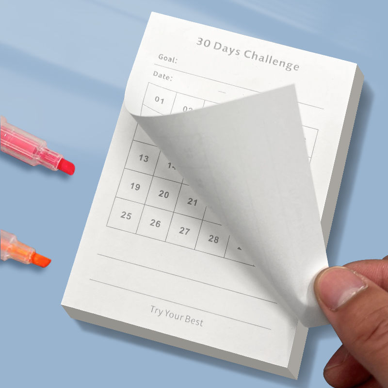 30 dienų užrašų bloknotas, mėnesinis planuotojas, dėmesio koncentracija savęs disciplinai, popierinių plytelių forma, be lipimo