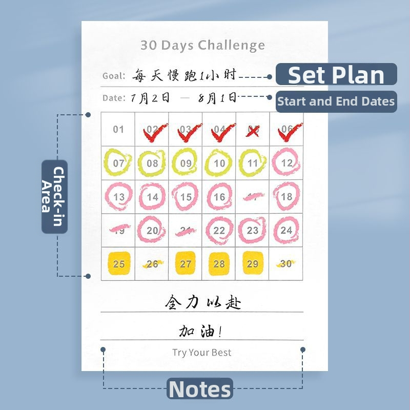 30 dienų užrašų bloknotas, mėnesinis planuotojas, dėmesio koncentracija savęs disciplinai, popierinių plytelių forma, be lipimo