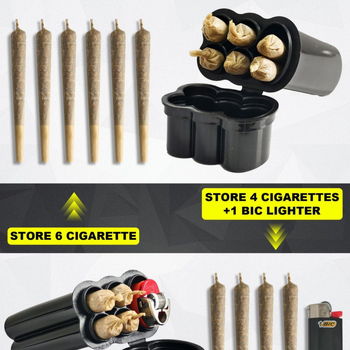 Plastinis integruotas cigarečių dėklas su flip-top dangteliu, keturios angos ir degiklio saugykla