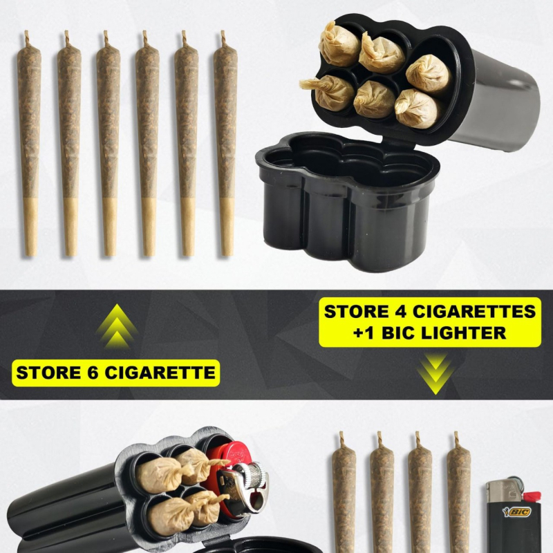 Plastinis integruotas cigarečių dėklas su flip-top dangteliu, keturios angos ir degiklio saugykla