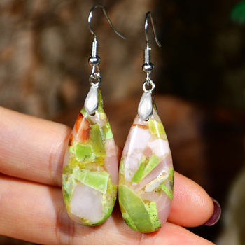 Auskarai - natūralus akmuo, lašinio formos, geometrijos dizainas, poliruotas paviršius, etninio stiliaus