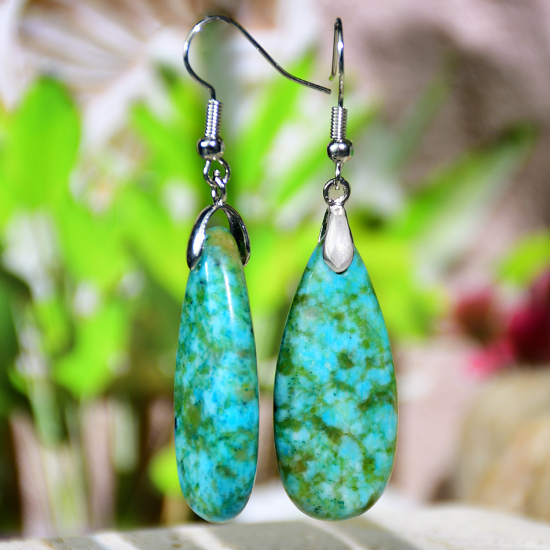 Auskarai - natūralus akmuo, lašinio formos, geometrijos dizainas, poliruotas paviršius, etninio stiliaus