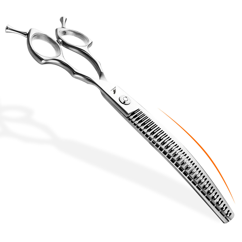 Įlenkti plaukų kirpimo žirklės gyvūnų priežiūrai – nerūdijantis plienas, įlenkti dantys, ploninti, profesionali kokybė