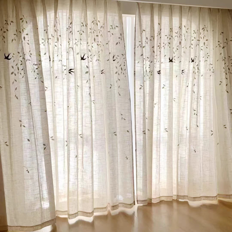 Завеси със мотив лястовица — леноподобна тъкан, печатени, полупрозрачни, стил Нов китайски, за дневна, спалня, кабинет, балкон