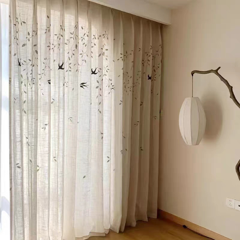 Завеси със мотив лястовица — леноподобна тъкан, печатени, полупрозрачни, стил Нов китайски, за дневна, спалня, кабинет, балкон