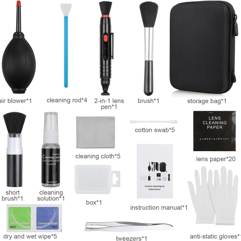 Kamerų valymo rinkinys DSLR ir be veidrodžio CMOS jutikliui, įskaitant objektyvo peną ir šepetėlius, plastiko medžiaga, OEM pritaikymas