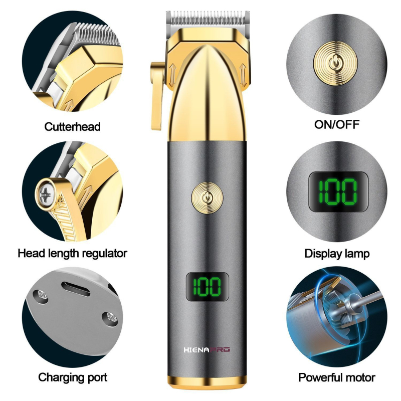 Hiena matu griezējs — jauns modelis, titāna sakausējuma griešanai galviņa, iebūvēta baterija 1200–2000 mAh, darbības laiks 1–3 stundas, trokšņa līmenis 36–45 dB