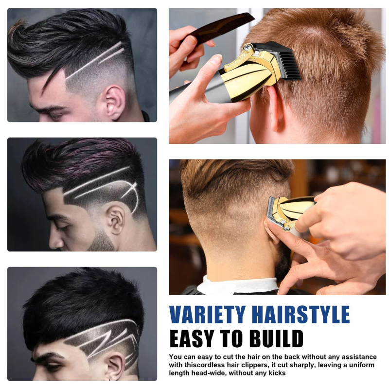 Hiena matu griezējs — jauns modelis, titāna sakausējuma griešanai galviņa, iebūvēta baterija 1200–2000 mAh, darbības laiks 1–3 stundas, trokšņa līmenis 36–45 dB