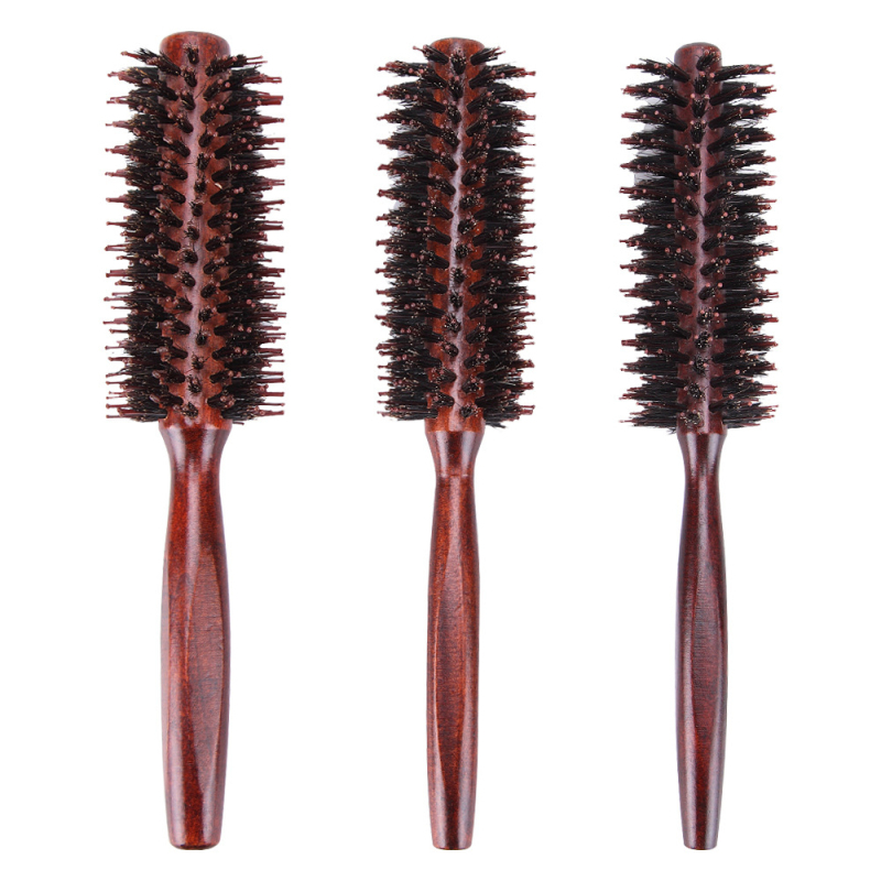 Medinė ritinėlių plaukų šukė su natūraliais pluoštais ir nailoniniais ritiniais, kvadratinė rankenėlė, 1 vnt