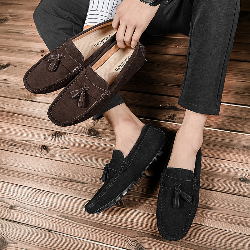 Pantofi de condus din piele pentru bărbați, partea superioară din două straturi de piele de vacă, piele mată, talpă din cauciuc, vârf rotund, cusături