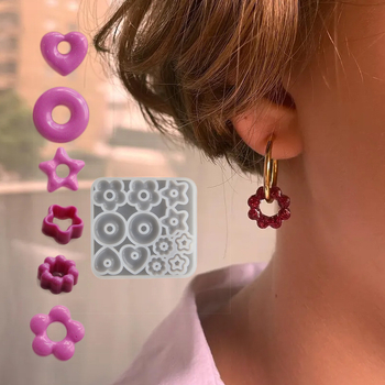 Stačiakampė silikoninė kepimo forma auskarų su žiedu, žvaigžde ir širdimi pakabukų gamybai – pradžia 2024