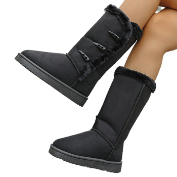 Cizme de zăpadă pentru femei din nubuc cu cataramă, căptușite cu blană artificială, talpă din cauciuc, vârf rotund, înălțime înaltă