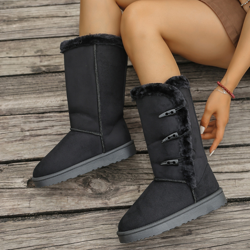 Cizme de zăpadă pentru femei din nubuc cu cataramă, căptușite cu blană artificială, talpă din cauciuc, vârf rotund, înălțime înaltă