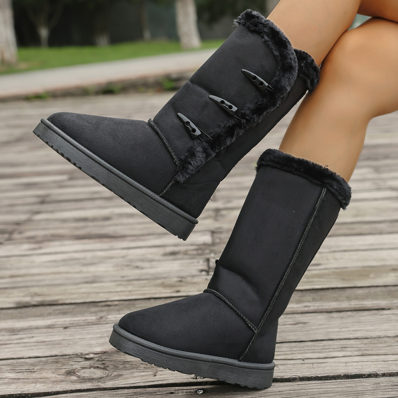 Cizme de zăpadă pentru femei din nubuc cu cataramă, căptușite cu blană artificială, talpă din cauciuc, vârf rotund, înălțime înaltă