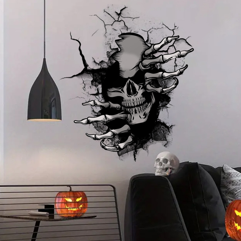 Sienų lipdukas – Helovyno kaukolės motyvas, PVC, atsparus vandeniui, nuimamas, tinkamas svetainei ir įėjimui