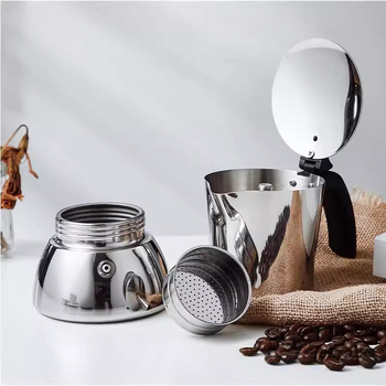 Moka puodukas iš nerūdijančio plieno 304 itališkam espresso ekstrakcijai, su storesniu dugnu