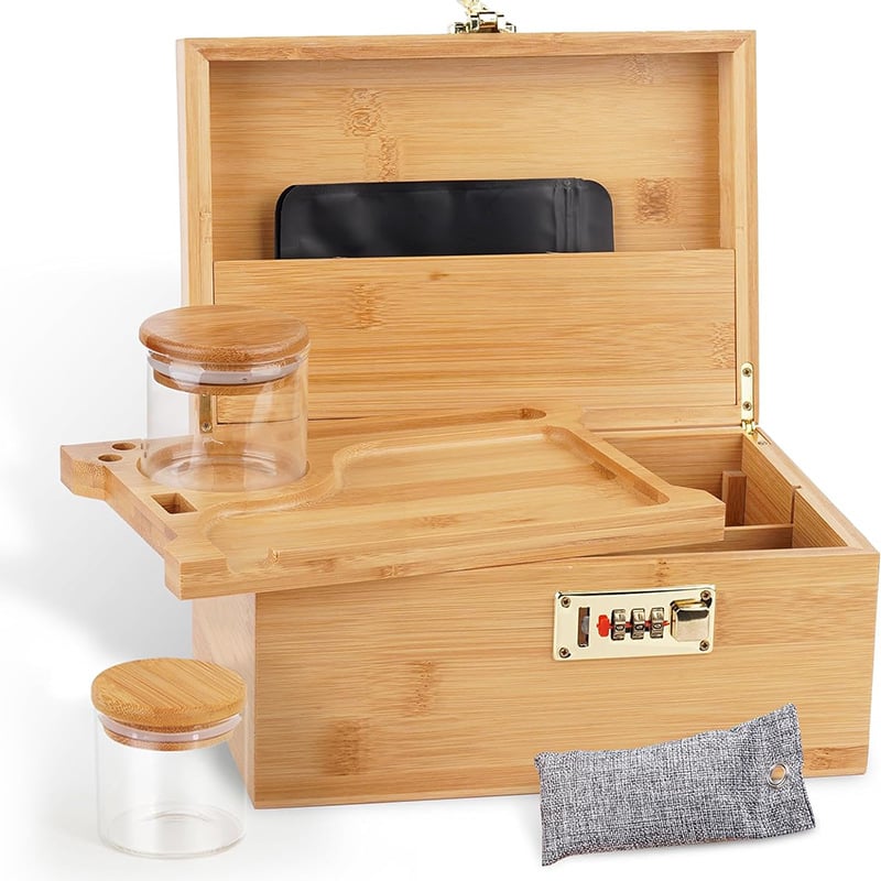 Бамбуков шкаф за съхранение на пури и тютюневи стърготини, настолен, с капак и отделение, модел LC-5303, модерен стил