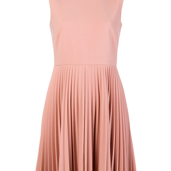 Ujjatlan ruha polo gallérral, kézzel hímzett gyöngyökkel díszítve, poliészter krepp anyag, pliszírozott középhosszú szoknyával