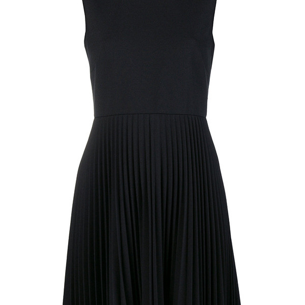 Ujjatlan ruha polo gallérral, kézzel hímzett gyöngyökkel díszítve, poliészter krepp anyag, pliszírozott középhosszú szoknyával