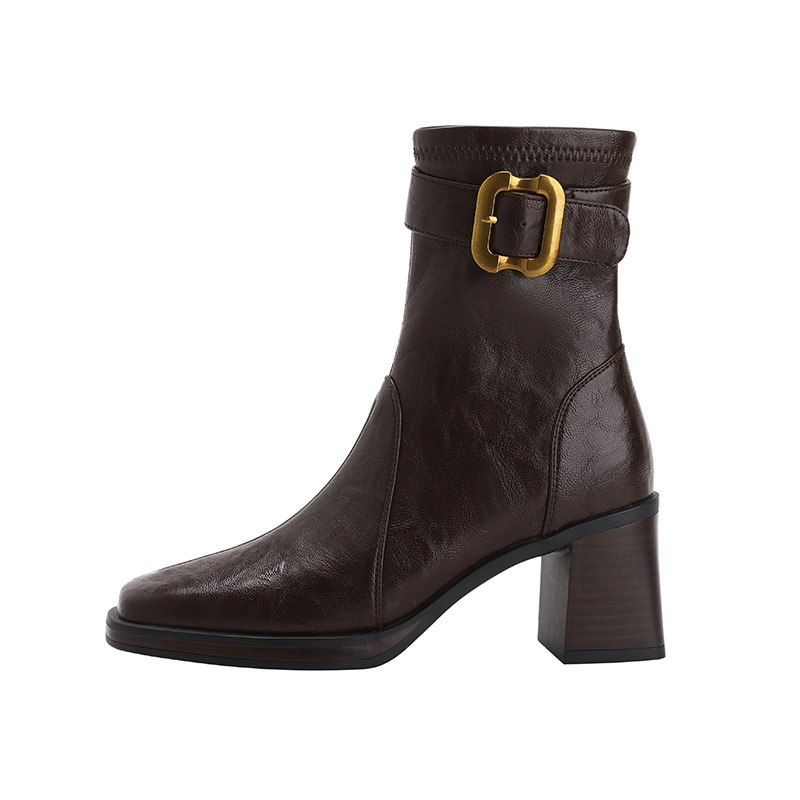 Γυναικείες κοντές μποτάκια από δέρμα αγελάδας, τετράγωνη μύτη, χοντρός τακούνι, μέτριο ύψος γάμπας, πλευρικός φερμουάρ