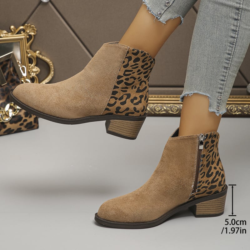 Ženske gležnjače s leopard uzorkom, PU gornji dio, bočni zatvarač, šiljat nos, debeli potpetica 3–5 cm