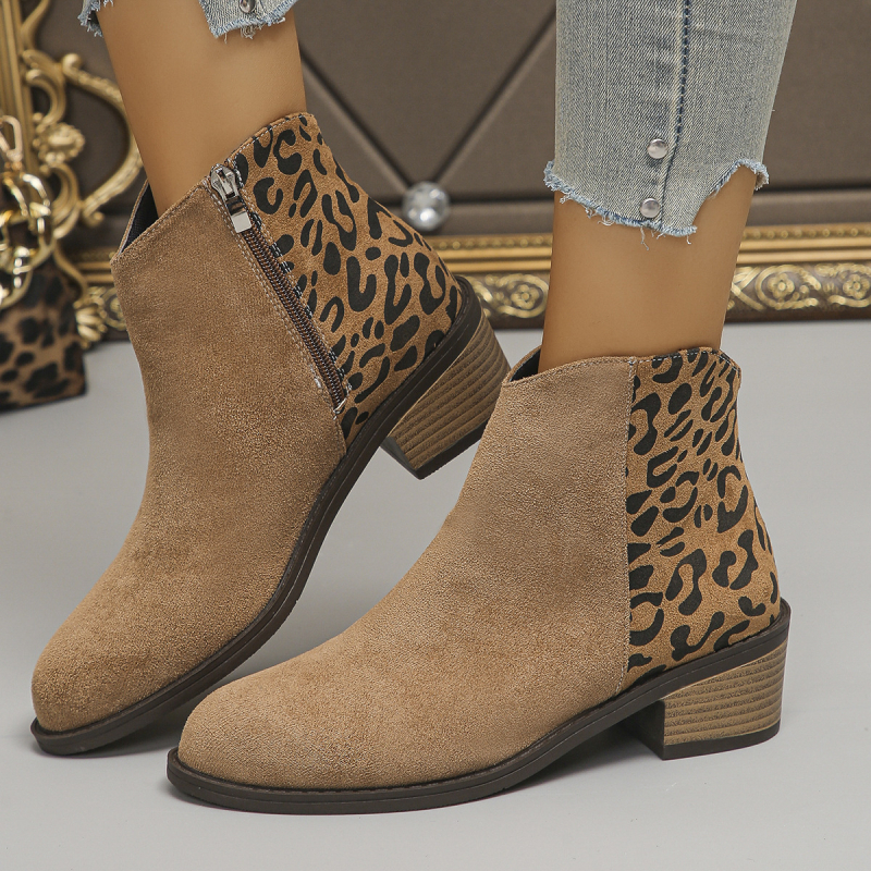 Ženske gležnjače s leopard uzorkom, PU gornji dio, bočni zatvarač, šiljat nos, debeli potpetica 3–5 cm